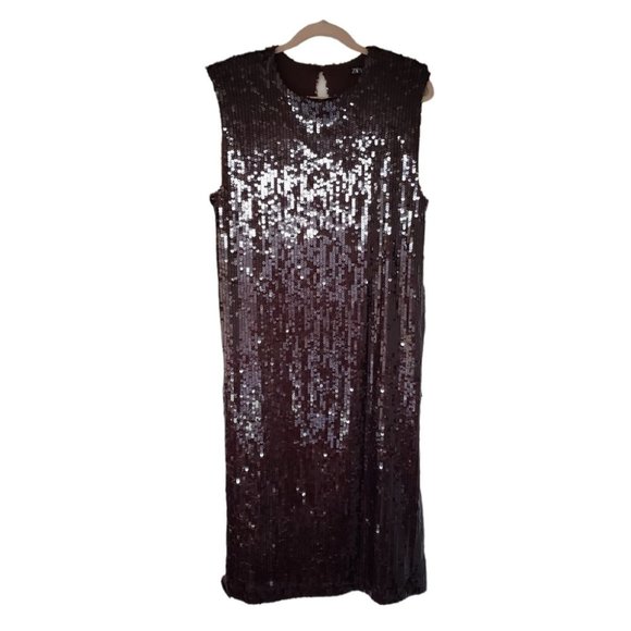 𝅺NWT Zara brown sequin sleeveless straight cut party evening midi dress - Picture 4 of 10